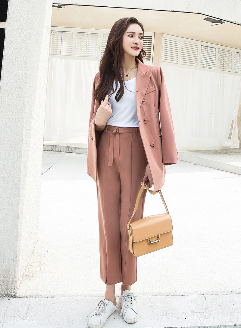 Autumn pants suit, neck coat with double buttons, jacket and trousers with edge, high quality casual women's work suit