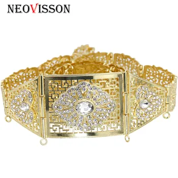 

NEOVISSON Gold Color Caftan Metal Waist Belt Women Morcco Ethnic Wedding Body Jewelry Adjustable Length Rhinestone Belly Chain