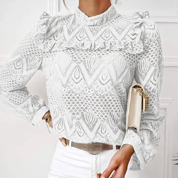 

Lace Hollow Out Women's Blouses Patchwork Ruffles Solid Long Sleeve Blouse Female Spring Autumn Elegant Fashion Ladies Tops