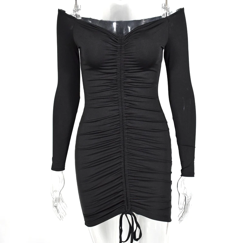 NewAsia Garden Off Shoulder Sexy Dress Women Autumn Long Sleeve Bodycon Ruched Dress Can Adjust Length Party Dress Black