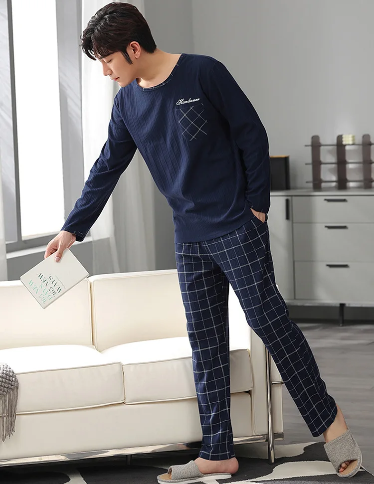 New spring and autumn men's pajamas two-piece pajamas knitted cotton casual loose boys home clothes fashion men's clothing best mens pajamas