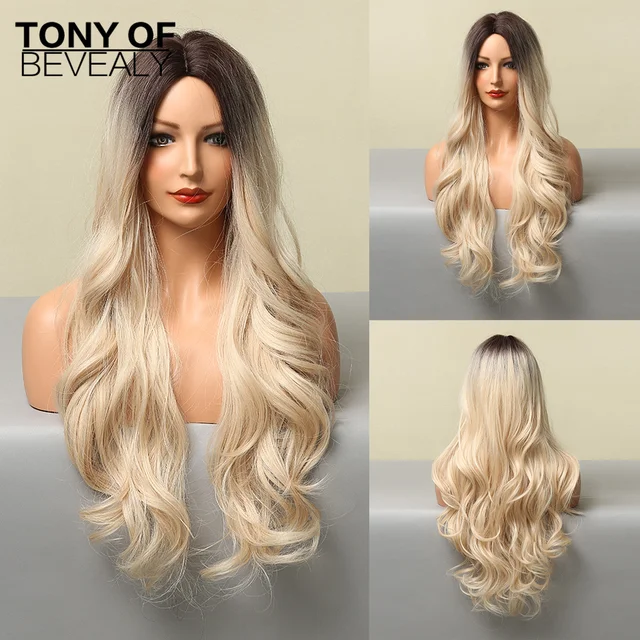 Long Water Wavy Synthetic Wigs Ombre Brown Middle Part Natural Hair Wigs For Women Cosplay Wigs Heat Resistant Fiber LC5306-1