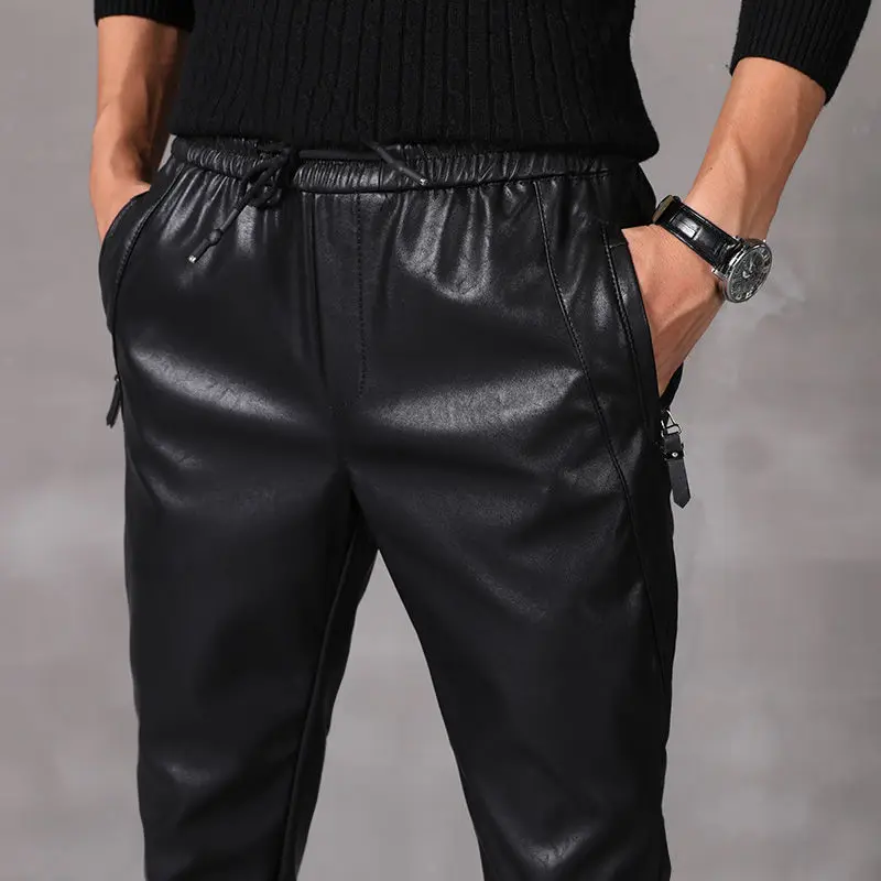 Idopy мужские зимние теплые штаны-шаровары из искусственной кожи, мотоциклетные водонепроницаемые штаны с эластичной резинкой на талии и шнуровкой из искусственной кожи для мужчин