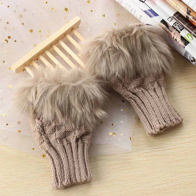 Осень и зима новые плюшевые теплые перчатки толстые половина пальцев Вязаные перчатки цвет бобов
