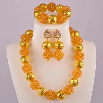 

African Champagne Gold Beads Jewelry Set Nigerian Necklace Sets Bridal Wedding Jewelry Sets