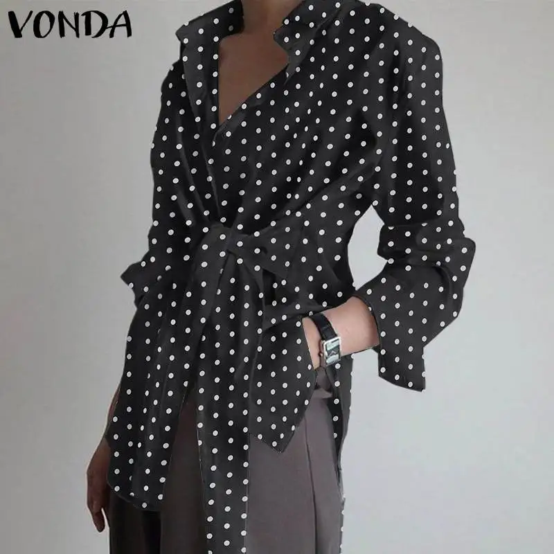 Party Blouse Women Sexy Tops VONDA 2020 Casual Turn-down Collar Belt Polka Dot Shirts OL Beach Tops Plus Size Tunic Female Blusa Party Blouse Women Sexy Tops VONDA 2020 Casual Turn-down Collar Belt Polka Dot Shirts OL Beach Tops Plus Size Tunic Female Blusa