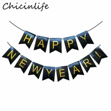 Chicinlife 1Set Black Happy New Year Banner Merry Christmas Eve New Year Party Garland Bunting Navidad Home Decor Supplies