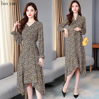 

2020 Vintage Lady Print Chiffon Dresses Spring Autumn 4XL Plus Size Long Sleeve Midi Dress Elegant Women Bodycon Party Vestidos