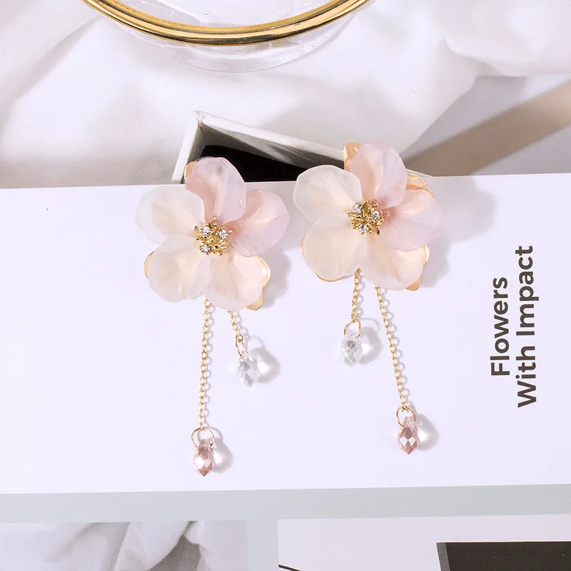 

FYUAN Fashion Lady Long Tassel Crystal Earrings for Women Bohemia Pink Resin Flower Drop Dangle Earrings Wedding Party Jewelry