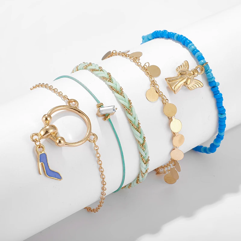 Docona Boho Blue Beads птица Высокая подвеска каблуки пятислойный ножной браслет набор для женщин плетение ножные браслеты 5 шт./компл. Tobilleras 8980