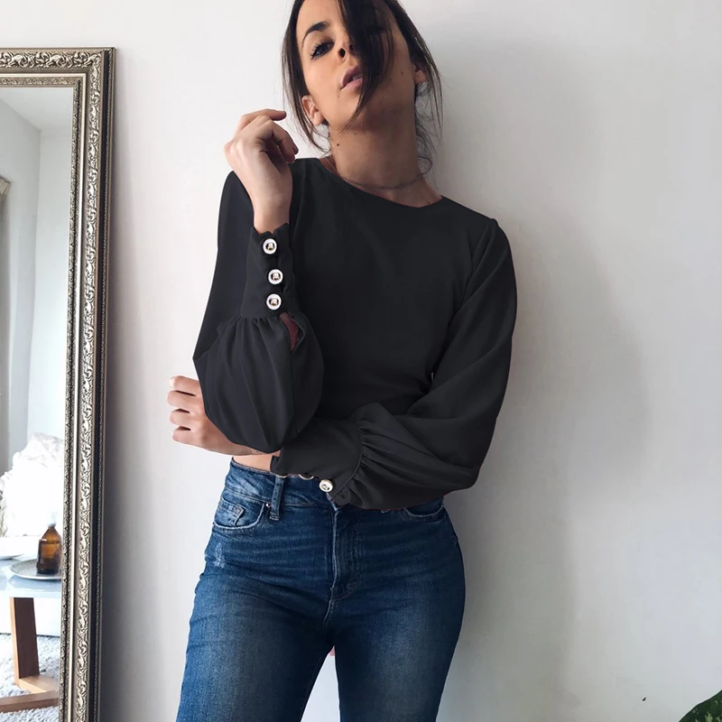 WannaThis блузка с низким вырезом на спине Woman2019 элегантная бандажная повязка с бантом Осенняя укороченная черная Дамская блузка для вечеринок