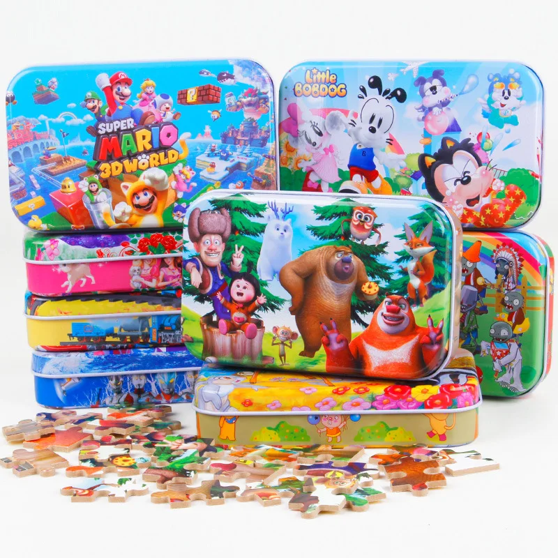 60 шт./компл. деревянные головоломки игрушки из мультфильма 3D деревянные головоломки железный ящик посылка головоломки для детей раннего