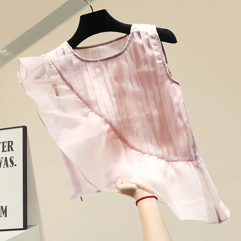 

Sleeveless Irregular Ruffles Chiffon Shirt Women's New Style 2020 Summer Design Short Sleeve Blouse All-match Lady Tops Blusa