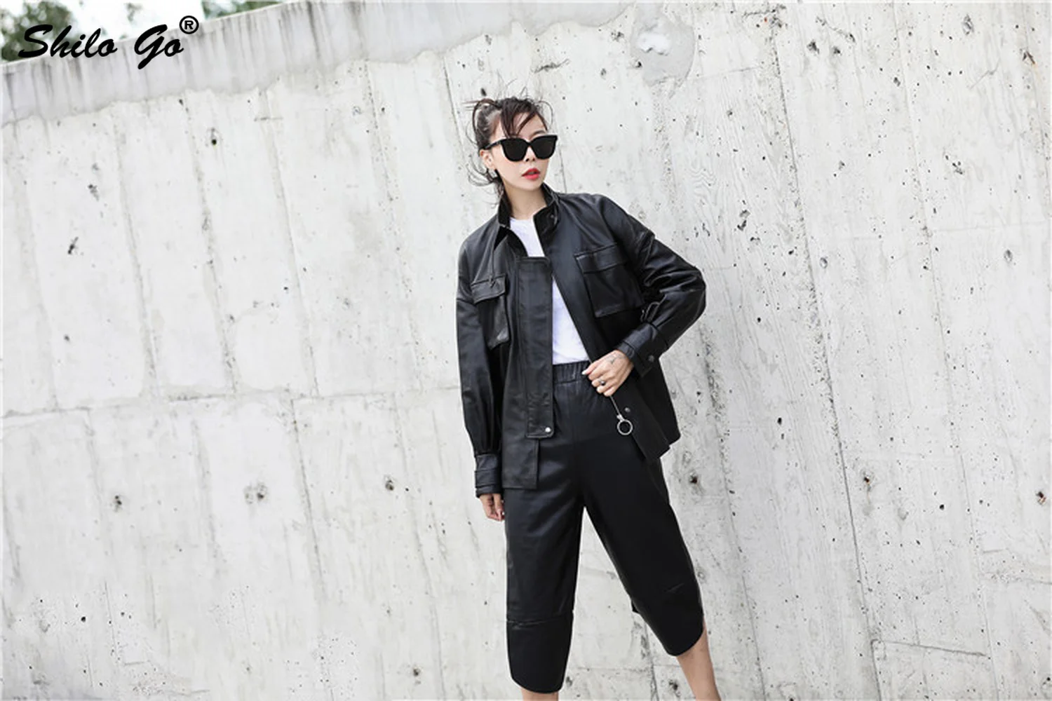 Genuine Leather Jacket Highstreet Mock Neck Pocket Front Wrap Waist Sheepskin Coat Women Autumn Casual Office Lady Outwear