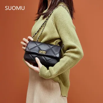 

Women chains flap bag Genuine cowskin leather quilted small messenger bag black red grey crossbody bag high quality 2020 new