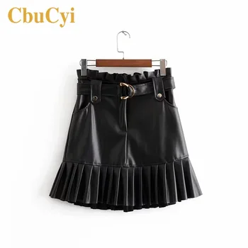 

Autumn Winter Black Mini New Leather Skirt Pleated Elegant Casual Club Skirts Women Empire PU Leather Skirt Faldas Mujer Moda