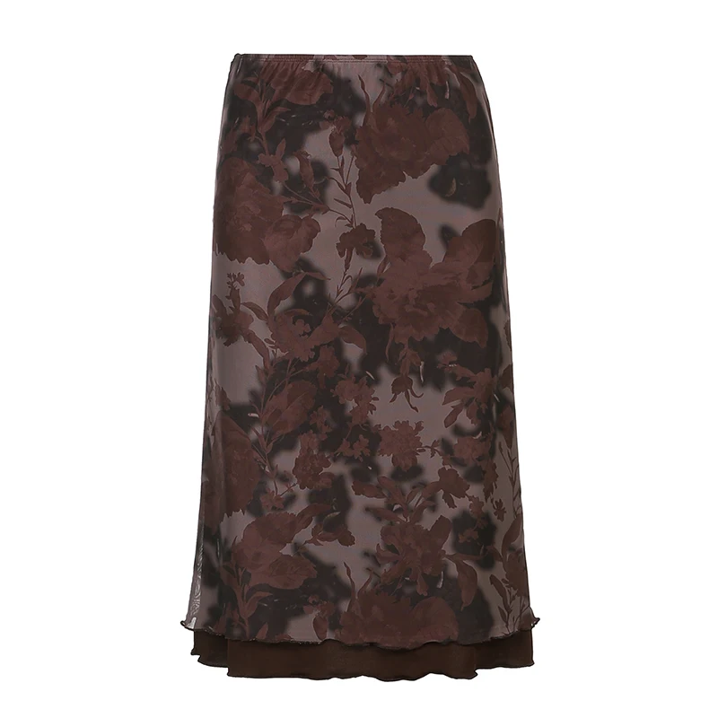 

Vintage Floral Print Straight Skirt Women High Waist Ruffles Long Skirts y2k Aesthetic Skirt Harajuku All-match Bottom