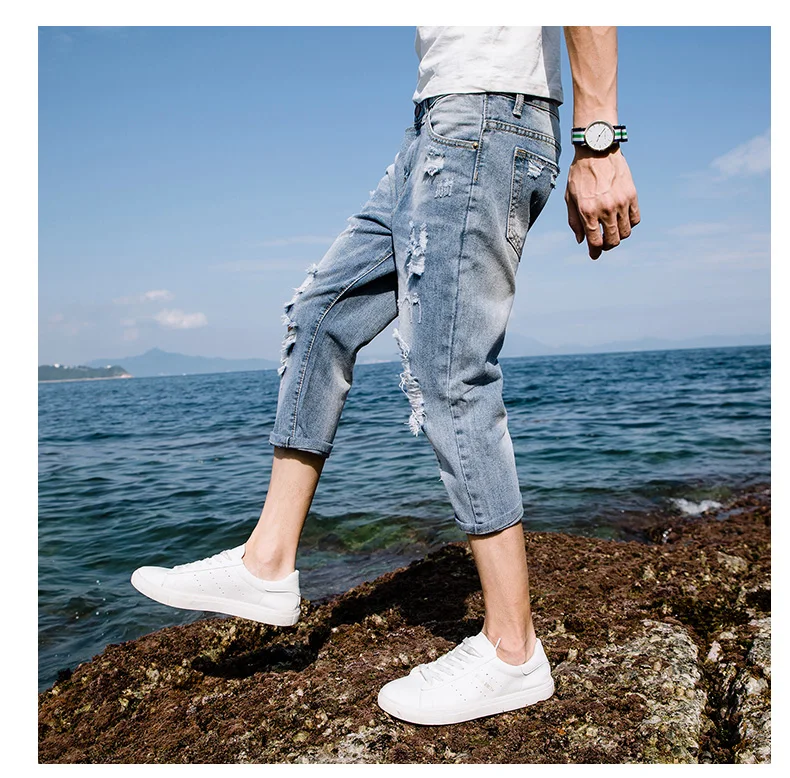 Летние тонкие джинсовые укороченные брюки потертые мужские свободные рваные брюки укороченные 3/4 джинсы calf-length брюки