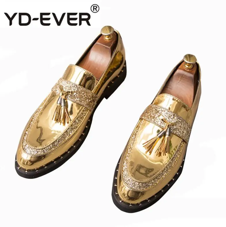 Designer New glitter Gold pointed rivet tassels oxfords shoes Wedding Flats Dress Homecoming Prom Formal shoes zapatos hombre