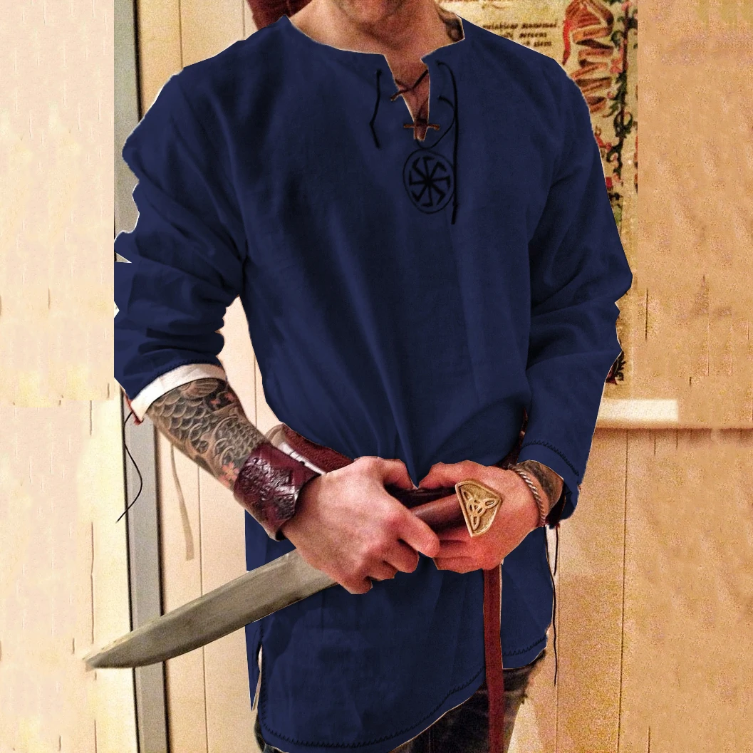 thumbnail image 1 of Disfraz de caballero de Halloween, disfraz medieval renacentista, túnica vikinga para hombre, camisetas de manga larga, disfraz medieval, disfraz de pirata, 1 of 5