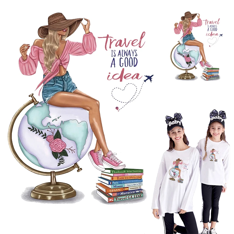 

travel girl on the globe Iron on transfer for clothing vinyl transfer iron on T shirt Stickers patches on clothes thermo Stripes