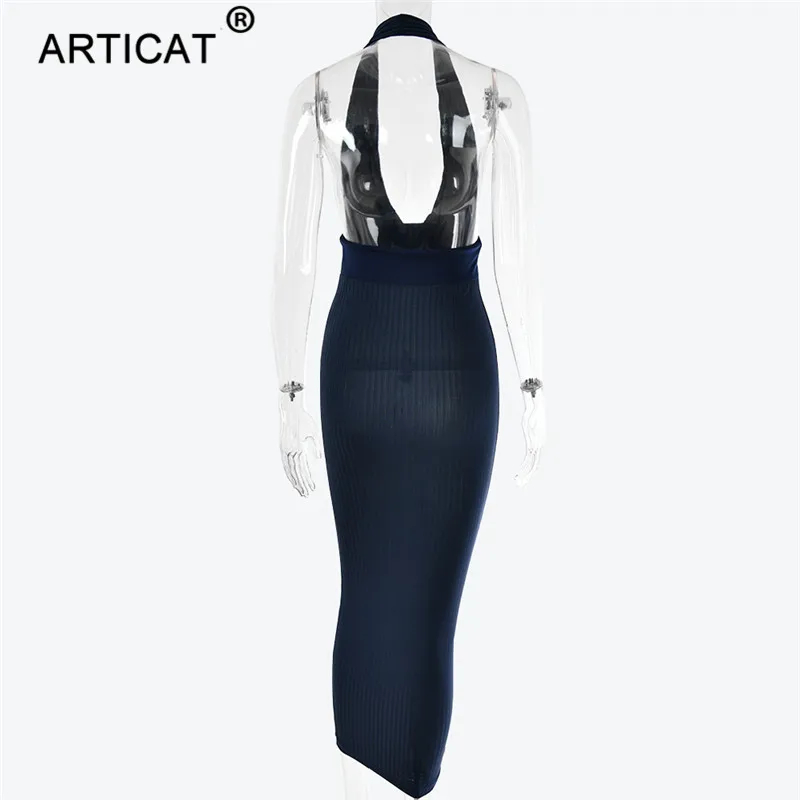 Articat сексуальное платье с лямкой на шее с Открытой Спиной вязаное платье-карандаш женское белое с открытыми плечами длинное облегающее