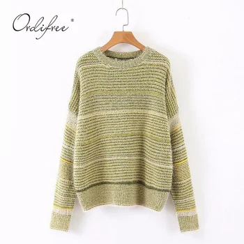 

Ordifree Oversized Sweater Jumper Women Knitted Pullover Loose Casual Cashmere Mohair Fur Striped Sweater Pull Femme