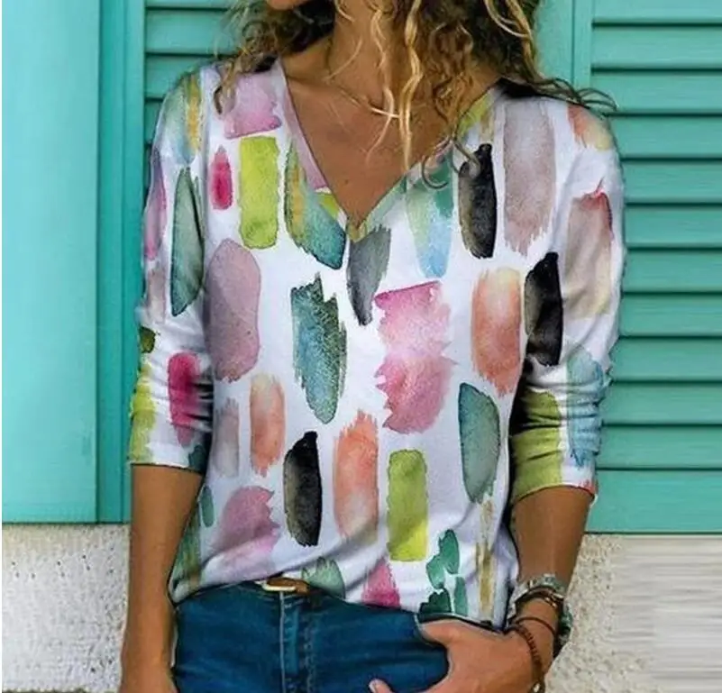 Primavera de 2021 de Color camisa Blusa mujer elegante cuello en V manga larga superior otoño Casual suelto de talla grande Streetwear Blusa