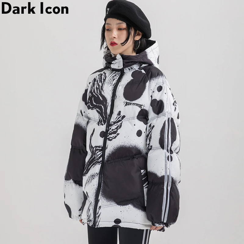 Dark Icon Printed Reflection Men's Parkas with Hoodie Cotton Padded Coats Men Outerwear Thick Men Coats Streetwear