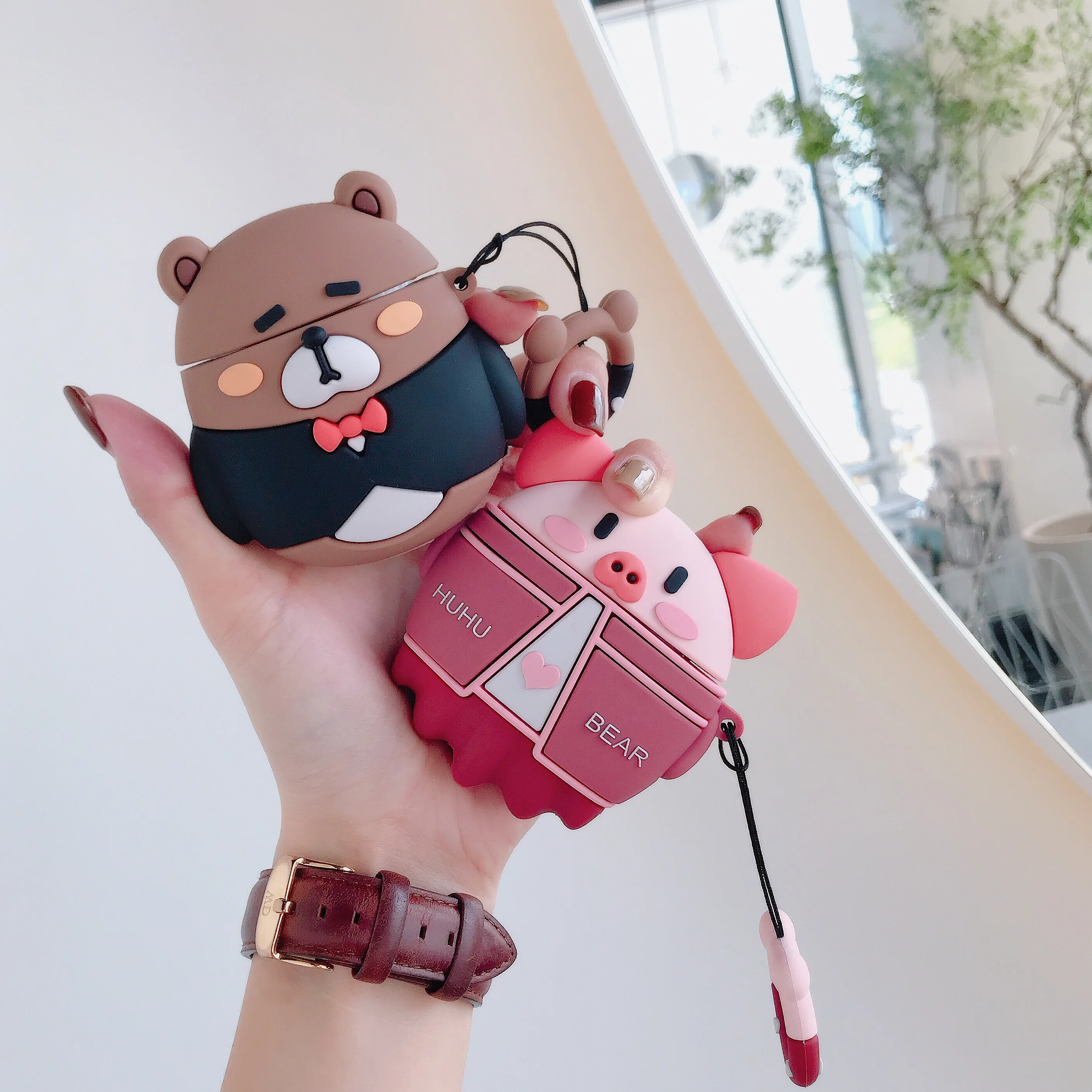 Милый мультфильм Свинья медведь; цыпленок Earpods чехол для Apple Airpods 1 2 Kawaii беспроводные наушники Защитная крышка с палец кольцо ремень