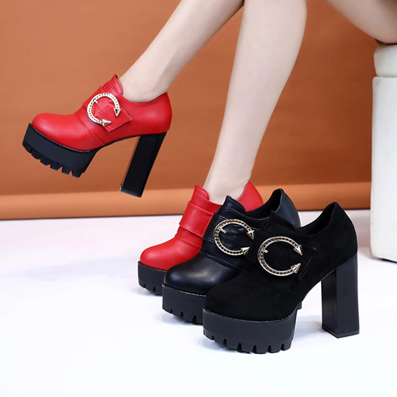 

Round Toe Shoes Lace Up Autumn Boots Chunky Heel Luxury Designer Clogs Platform Booties Ladies Crystal Bootee Woman 2019
