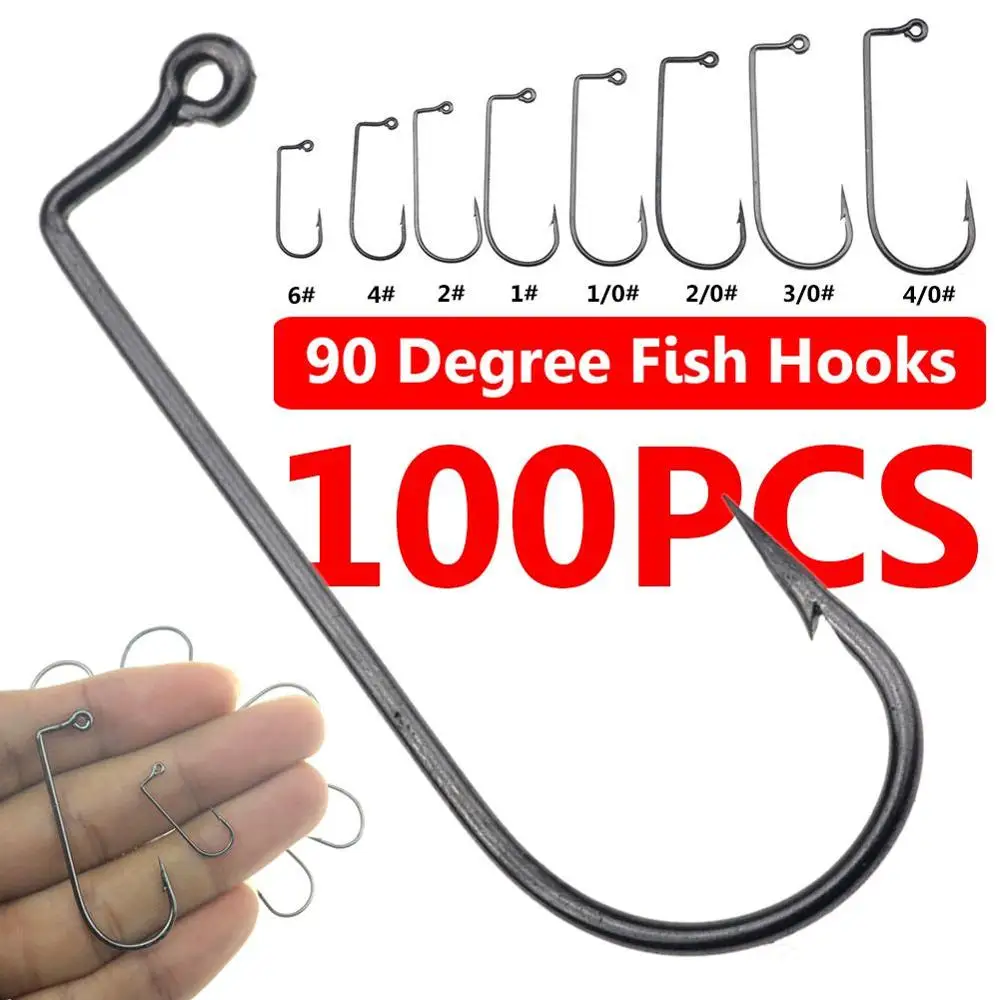 100Pcs High Carbon Steel 90 Degree Jig Fish Hooks Mixed Size