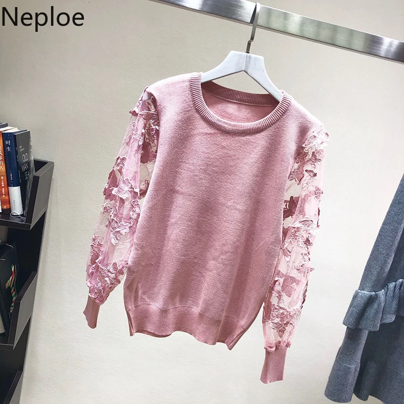 Neploe, Новое поступление, вязаный свитер, женская одежда, марлевые топы с вышивкой, корейский Модный пуловер, свободный, с круглым вырезом, Sueter Mujer 91193