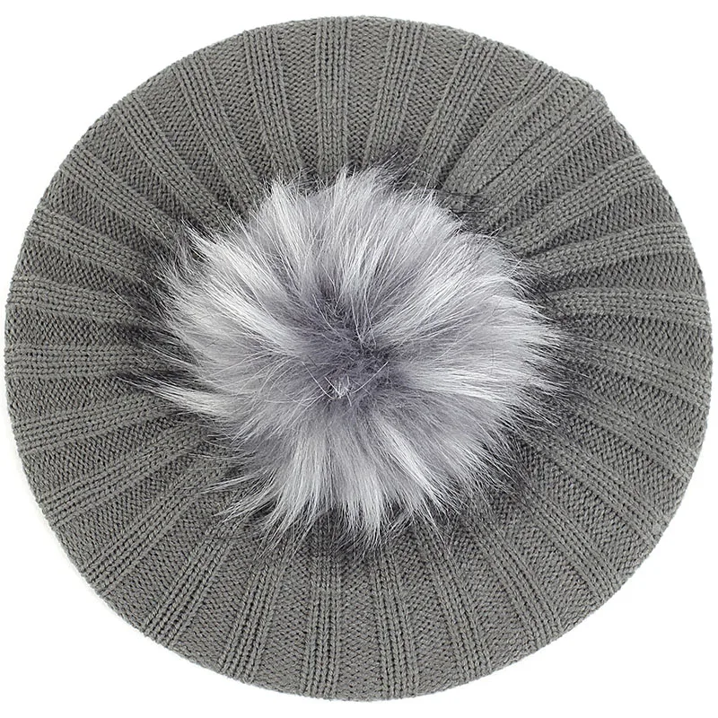 Dark gray 17 Geebro, женские ребристые береты, громоздкие зимние шапки, вязаный берет, шапки для девушек, леди, Женская мода с помпоном из искусственного меха 15 см - Цвет: Dark gray 17