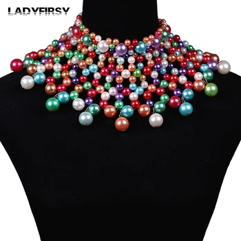 

Ladyfirsy Candy Color Simulated Pearl Necklaces 2019 Autumn Fashion Cute Handmade Weave Bead Sweater Chain Statement Necklace