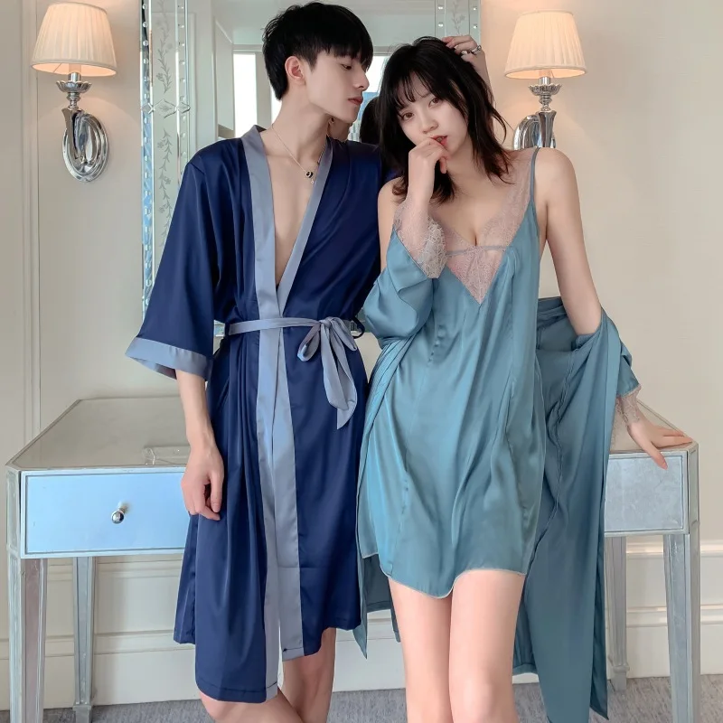 

Lovers Satin Silk robe + shorts & robe+nightdress Pajamas Sets Couple Sleepwear Family Pijama Lover Night Suit Pajama suit