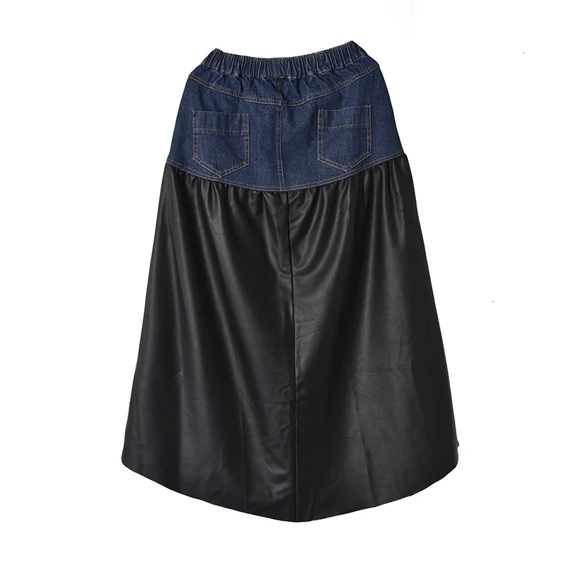 [LANMREM] новая весенне-летняя черная юбка с высокой эластичной талией, женская модная джинсовая юбка из искусственной кожи в стиле пэчворк JO27301