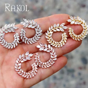 

RAKOL Fashion Gold Color Cz Zirconia Crystal Leaf Stud Flower Earrings for Women Luxury Crystal Wedding Trendy Jewelry RE455K