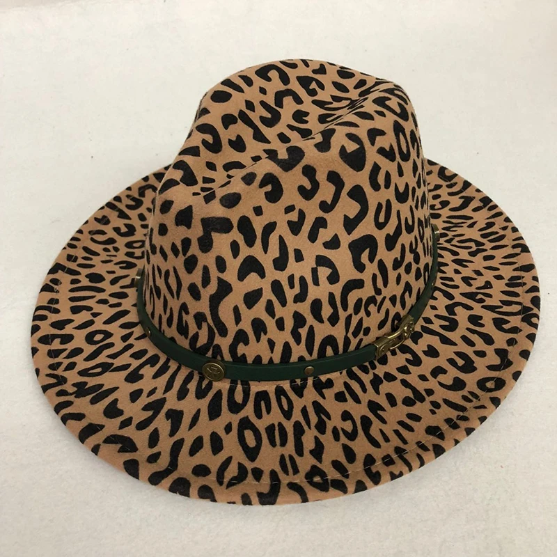 

ZJBECHAHMU Trend Unisex Flat Brim Wool Felt Jazz Fedora Hat Men Women Leopard Grain Leather Band Decor Trilby Panama Formal Hats