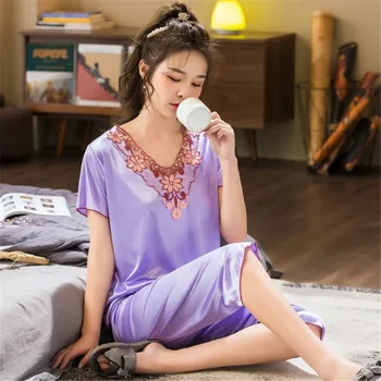 

2020 Summer Women Ladies Sexy Flower Lace Satin Silk Pajamas Sets short Sleeve Tops+Pants Sleepwear mujer Nightwear pyjama femme