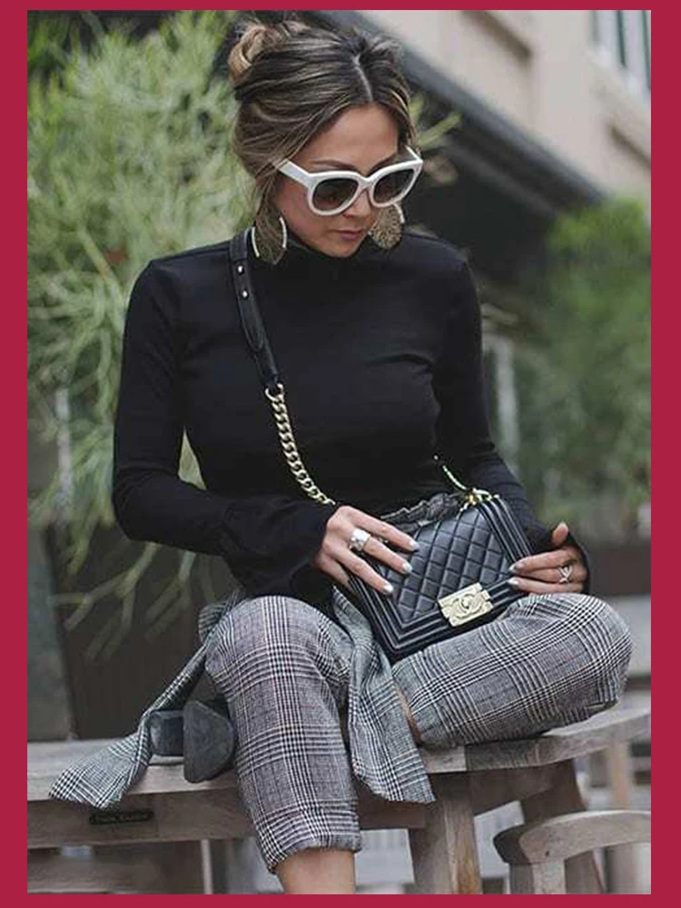Dotfashion черная трикотажная облегающая футболка с манжетами, Женская Повседневная осенняя одежда, модные топы, элегантная облегающая футболка с высоким воротом