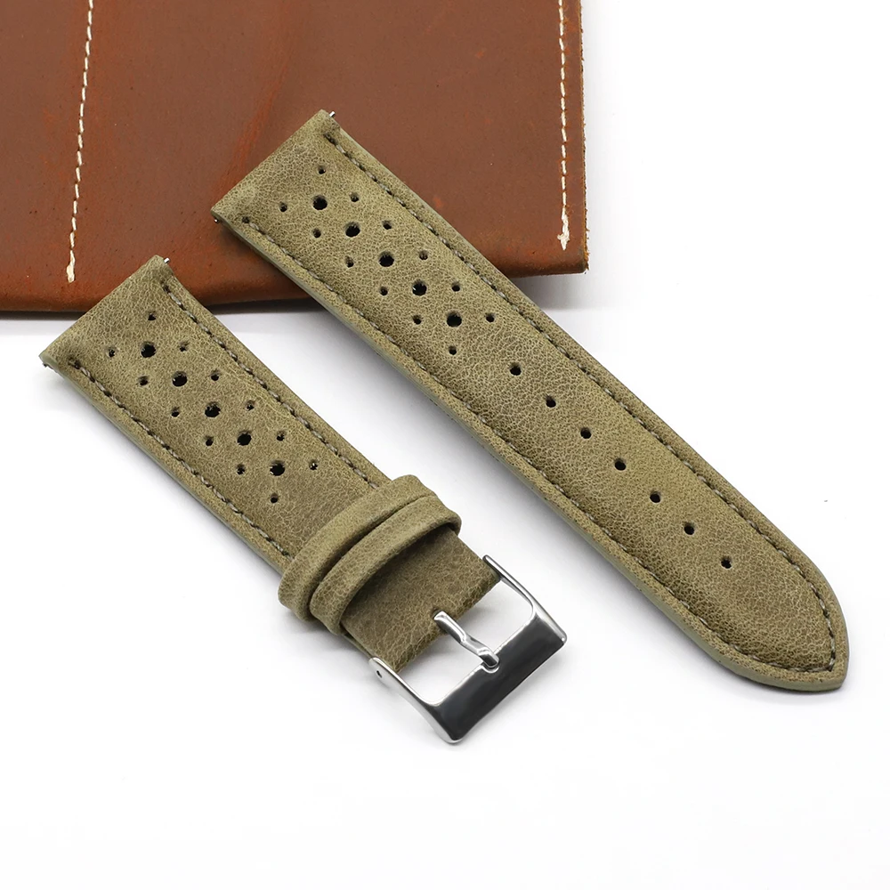 Vintage Handmade Racing Leather Watch Strap - Breathable Porous Design in Gray, Black, Brown, and Blue