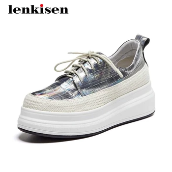 

Lenkisen leisure genuine leather gingham mixed colors handmade thick bottom platform vulcanized shoe lace up summer sneaker L9f5
