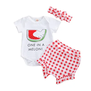 

2020 Infant Baby Girl Clothes 0-18M Watermelon Print Letter Short Sleeve Romper Top Red Plaid Print High Waist Ruffle Shorts Set