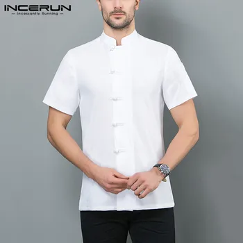 

INCERUN Men Chef Jackets Food Services Solid Restaurant Kitchen Short Sleeve Unisex Chef Uniform Chinese Style Cotton Tops S-5XL