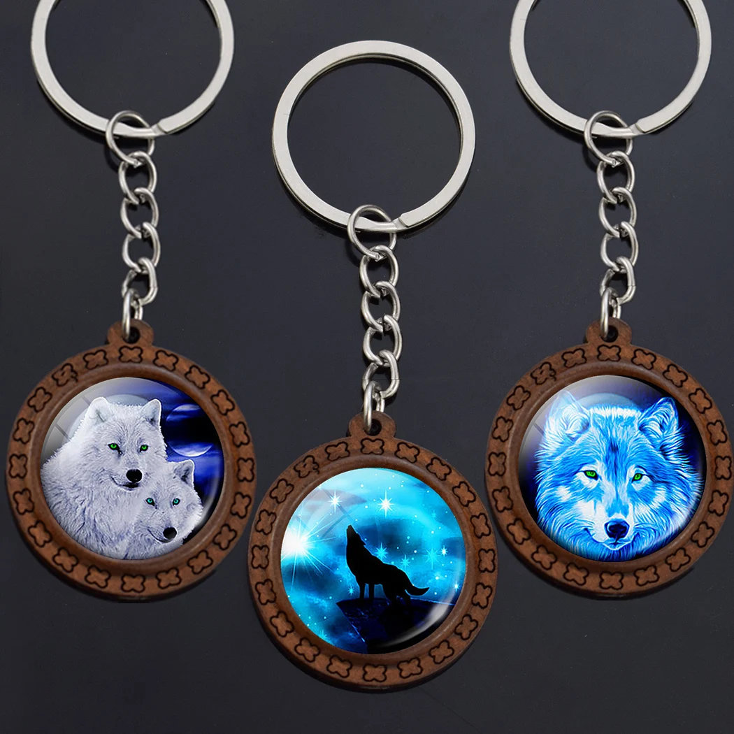 HOWLING WOLF COYOTE MOON GLASS TILE PENDANT NECKLACE KEYRING 