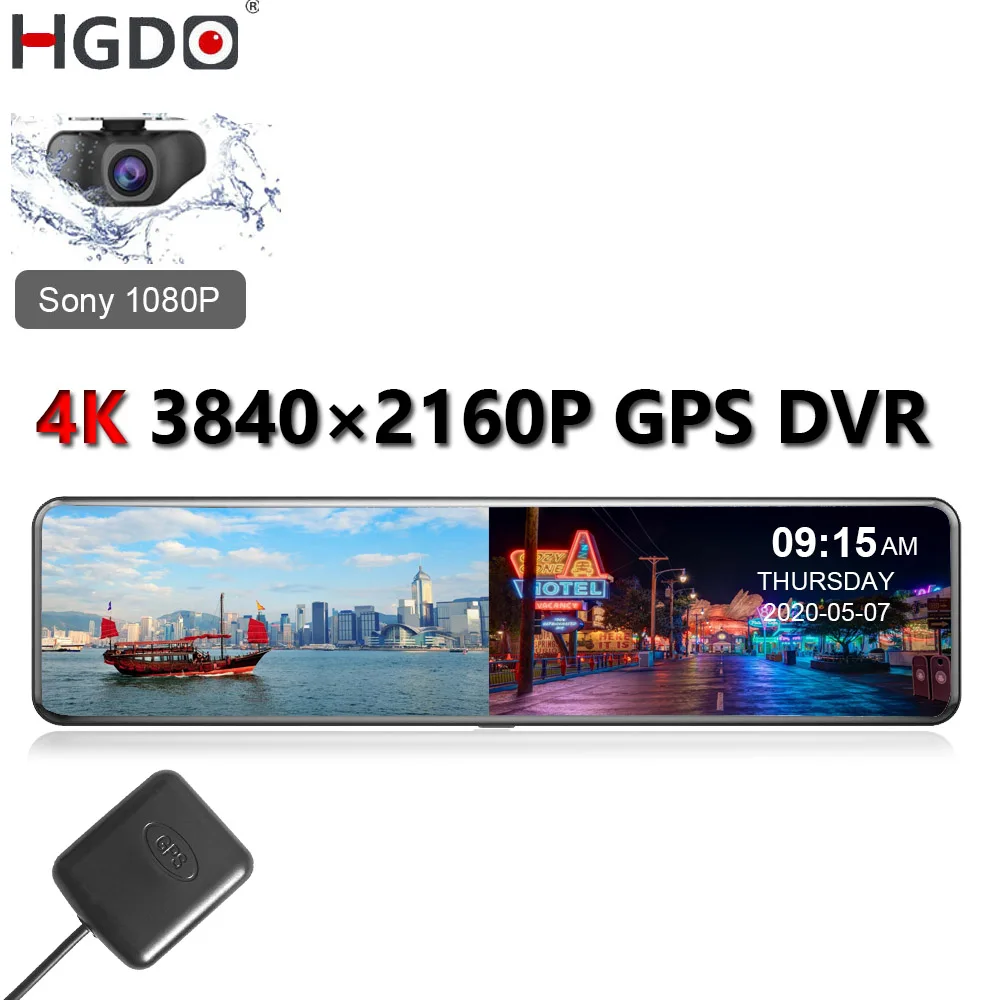 HGDO 12'' 4K 3840×2160 Car DVR GPS Track Video Recorder Sony IMX415 Rear View Mirror Camera 1080P Rear Dash Cam Auto Registrar