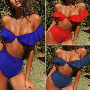 

2019 Ruffled High-Waisted Swimsuit Off Shoulder Swimwear Two Piece Bikinis