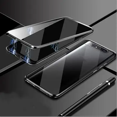 Чехол с магнитной адсорбцией для samsung Galaxy A80 a 80, металлическая рамка, Doubl, боковая стеклянная крышка для Galaxy A80, защитный чехол для телефона - Цвет: Черный