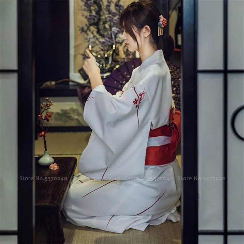 

Traditional Japanese Kimono Cardigan Sakura Girl Haori Bath Robe Yukata Dress Obi Suit Women Gesia Vintage Party Cosplay Costume